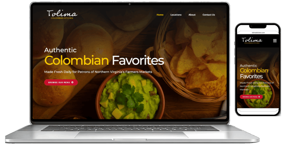 Laptop and iphone views of tolima kitchen website